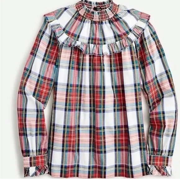 J Crew Women' Scallop Tie Neck Puff Sleeve Top In Stewart Tartan Plaid in Size M - Picture 2 of 5